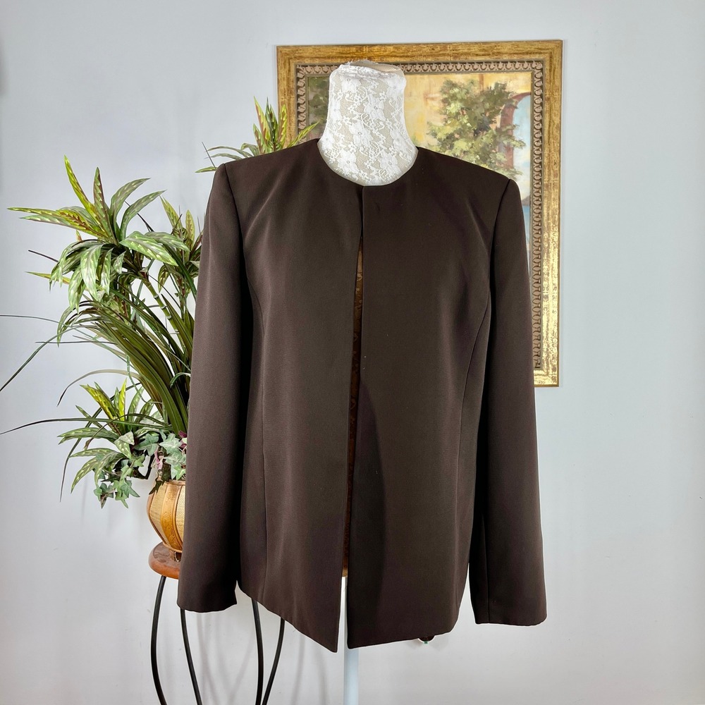Jones Studio Blazer Women 12 Brown Polyester Open Front Collarless Professional